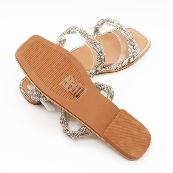 NEW Double Clear Strap Twisted Sparkly Bling Rhinestone Slip On Slides Sandals - Picture 11 of 15